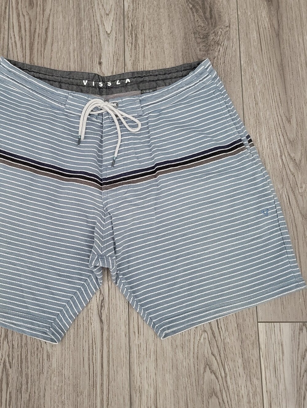 VISSLA Light Blue Pinstripe Shorts with Navy Stripe